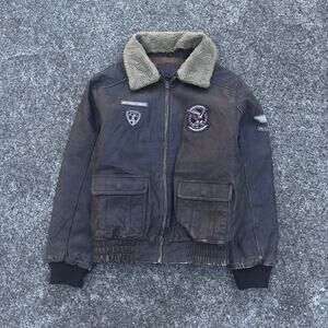 Men’s Leather Bomber Jacket Size Large Avirex Style Y2K Streetwear Furr Collar